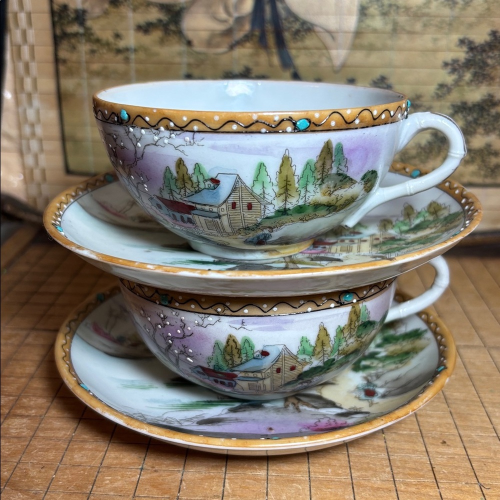 Japan Hand Painted Tea Cups Saucers  2 Pair Village Coast Shore Lady in Path